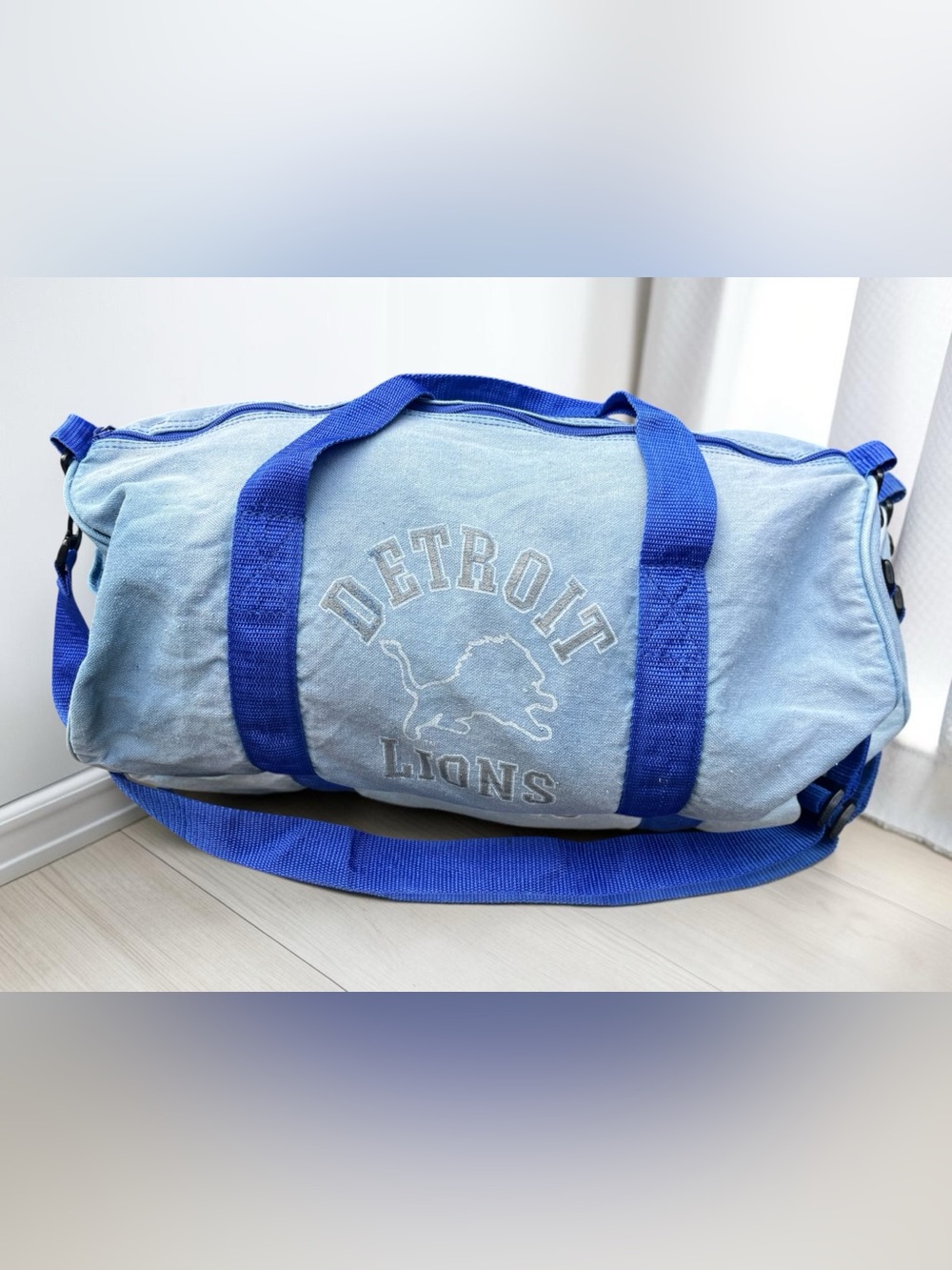 Vintage faded Detroit Lions Light Blue Canvas Duffel Bag with Royal Blue Straps
